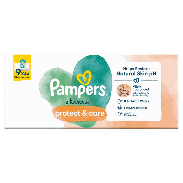 Pampers, Harmonie Protect & Care, chusteczki nawilżane dla dzieci, 9-pack, 396 szt.