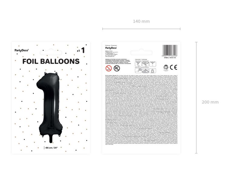 PartyDeco, balon foliowy, cyfra "1", 86 cm, czarny, 1 szt.