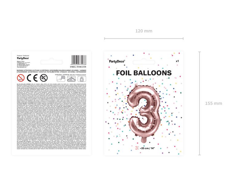 PartyDeco, balon foliowy, w kształcie cyfry 3, różowy, 35 cm