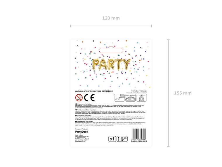 PartyDeco, balon foliowy, w kształcie litery U, złoty, 35 cm