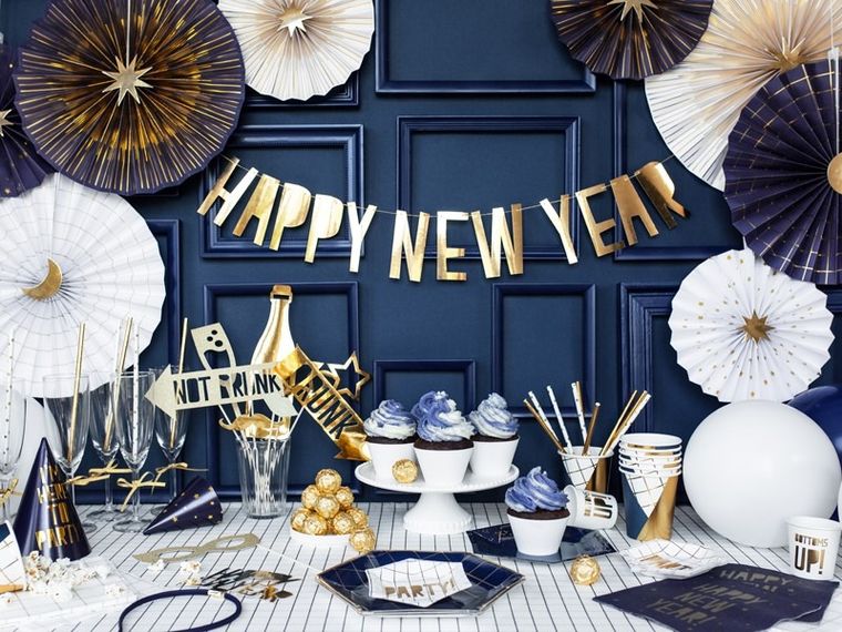PartyDeco, baner Happy New Year, złoty, 10-90 cm