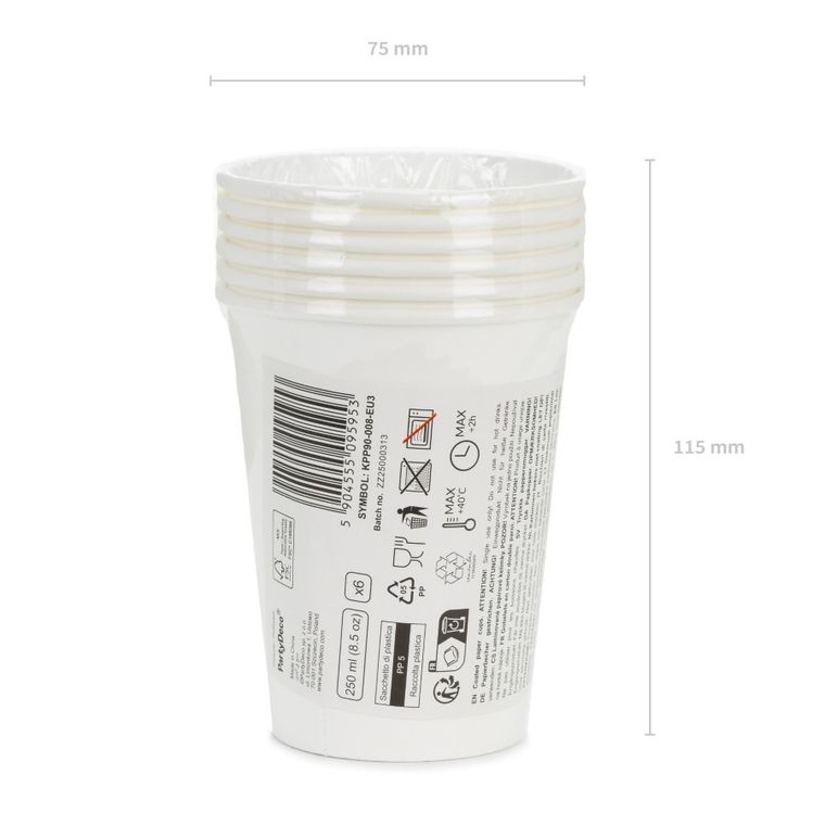 PartyDeco, kubeczki papierowe, biały, 250 ml, 6 szt.