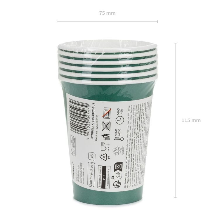 PartyDeco, kubeczki papierowe, ciemny zielony, 250 ml, 6 szt.