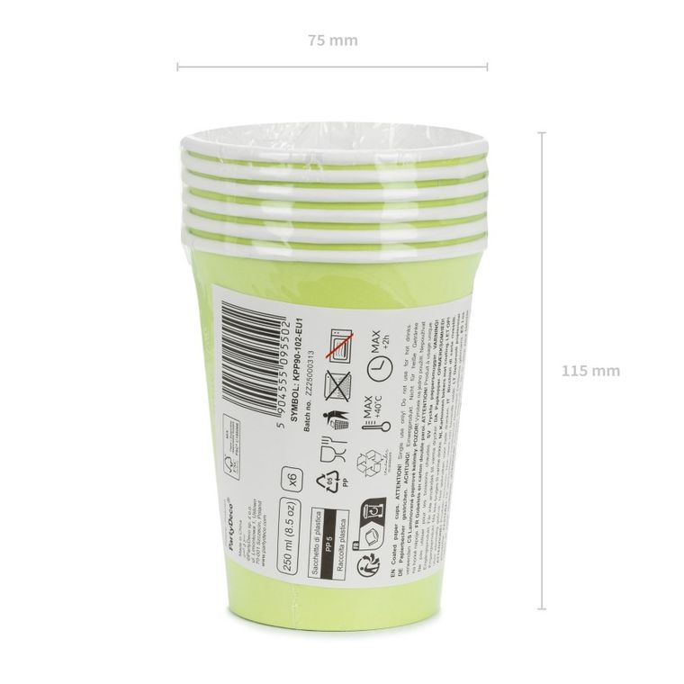 PartyDeco, kubeczki papierowe, jasny zielony, 250 ml, 6 szt.