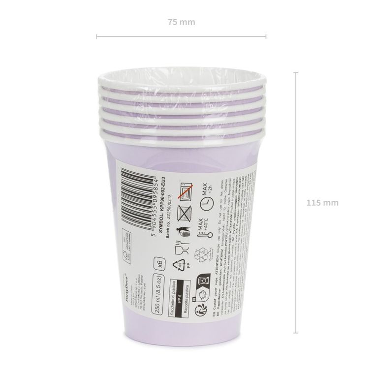 PartyDeco, kubeczki papierowe, lawenda, 250 ml, 6 szt.