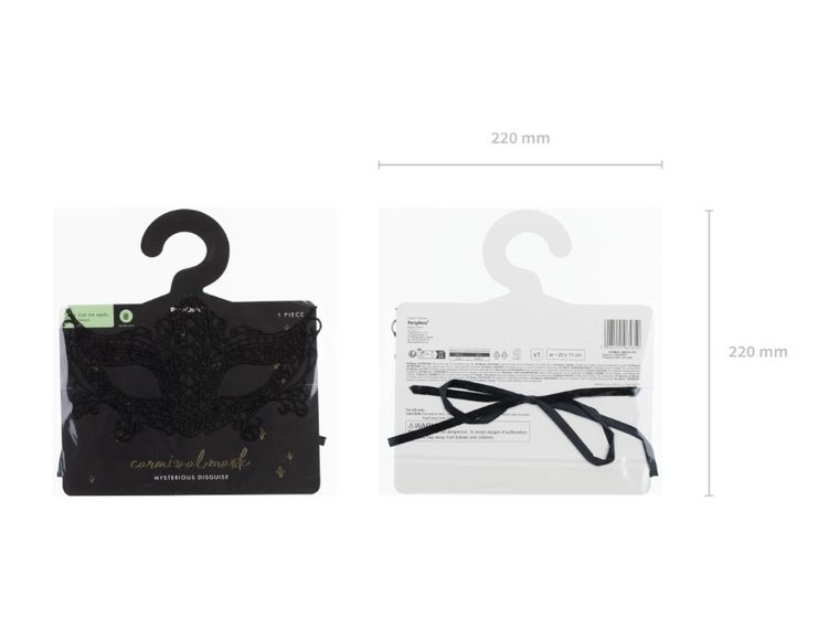 PartyDeco, maska karnawałowa, koronkowa, czarna, 20-11 cm