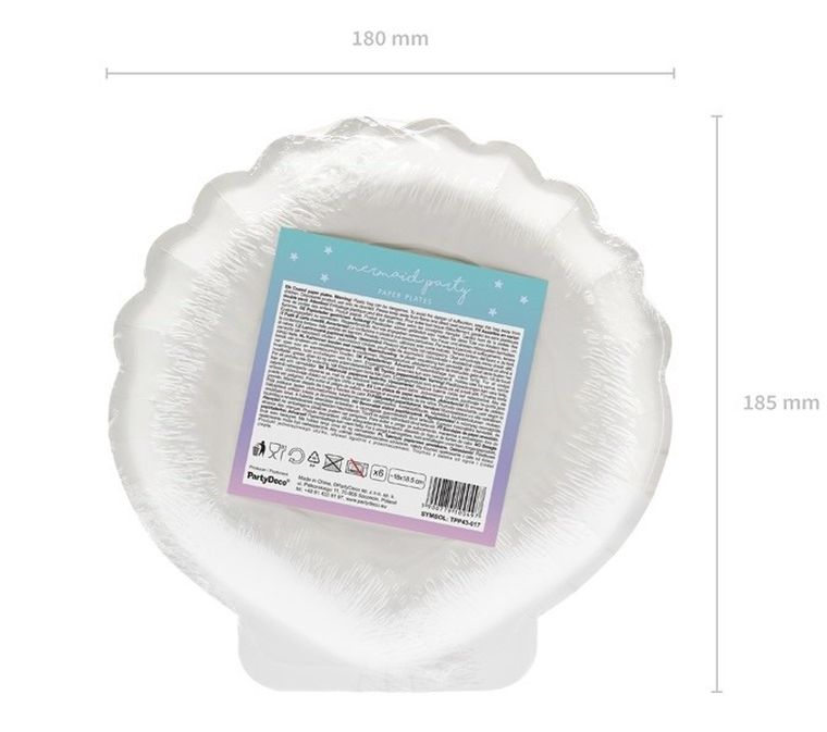 PartyDeco, Mermaid Party, talerzyki papierowe, syrenka-muszla, opalizujący, 18,5 cm, 6 szt.