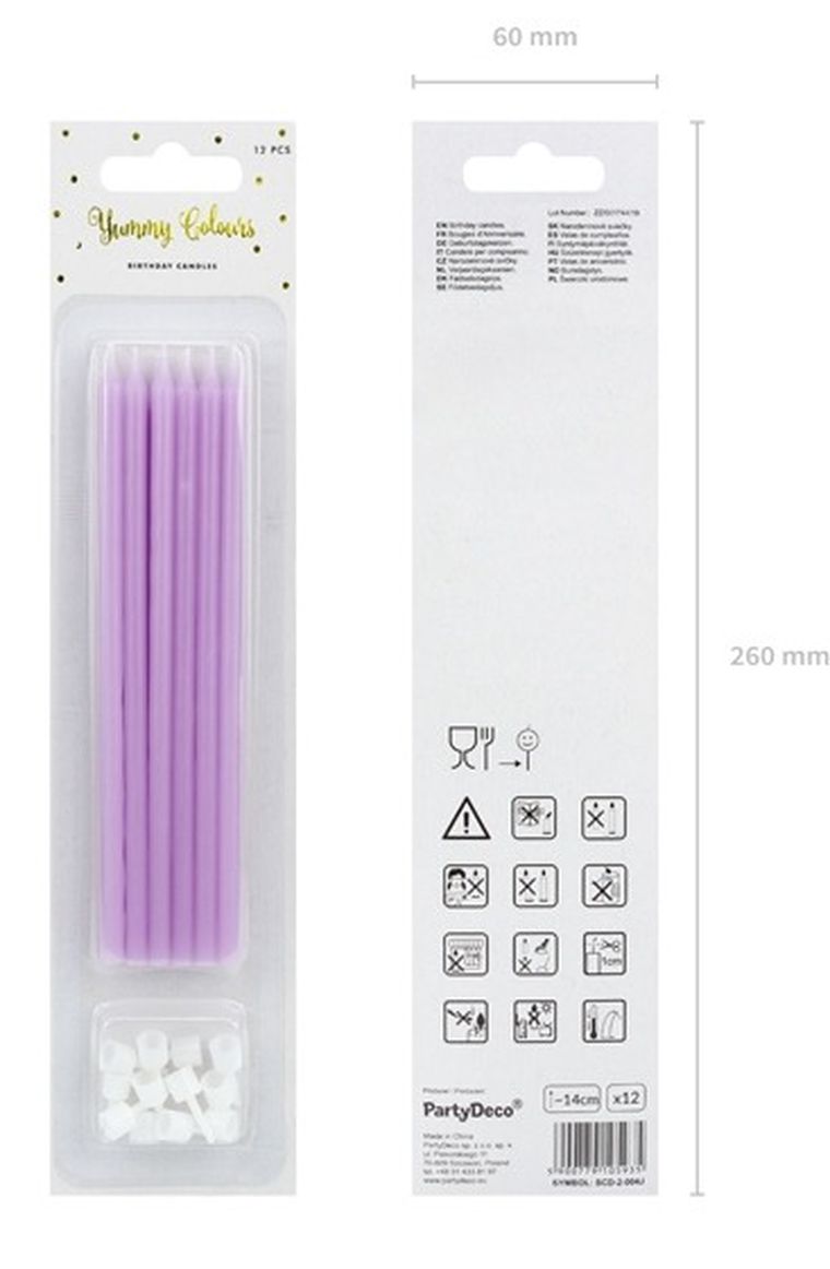 PartyDeco, świeczki urodzinowe na tort, gładkie, jasno-liliowe, 14 cm, 12 szt.