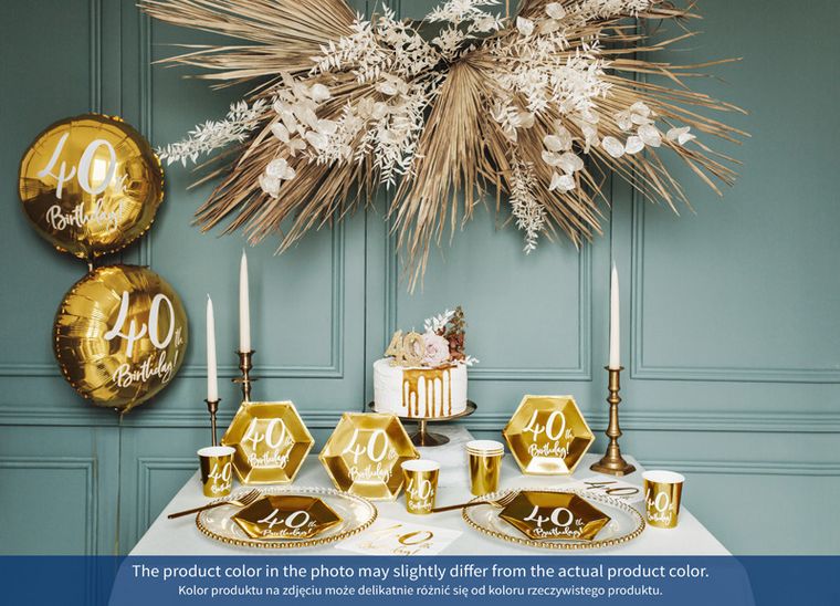 PartyDeco, talerzyki papierowe, 40th Birthday, złote, 20 cm, 6 szt.
