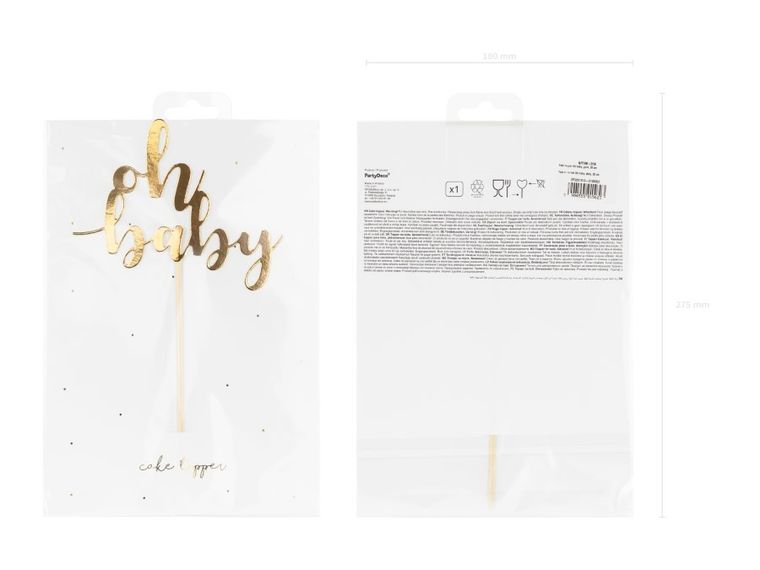 PartyDeco, topper na tort, oh baby, złoty 25 cm