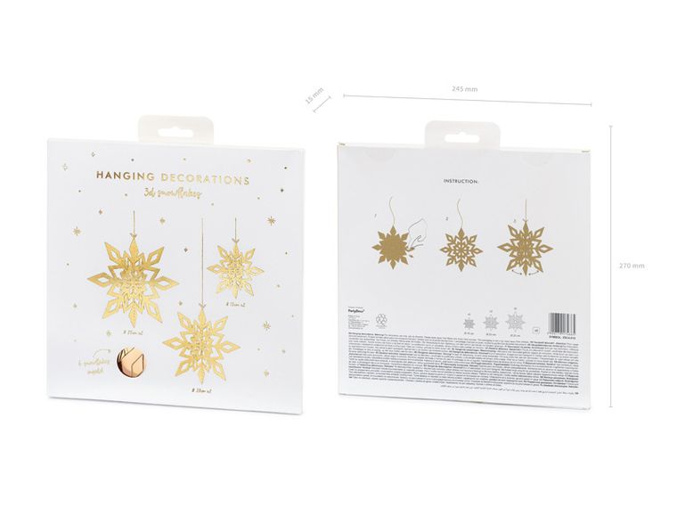 PartyDeco, zawieszki dekoracyjne, śnieżynki, złote, 15-25 cm, 6 szt.