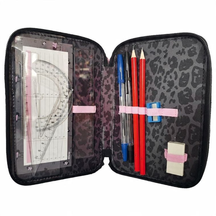 Paso, Myszka Minnie, piórnik rozkładany, potrójny, z wyposażeniem, szaro-różowy, Panterka