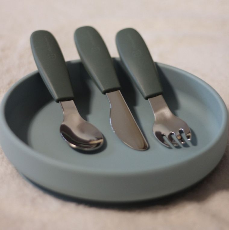 Petite&Mars, Take&Match, zestaw sztućców, stal nierdzewna z silikonową rączką, Bitter Cocoa, 12m+