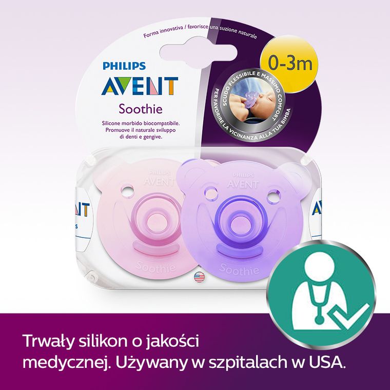 Philips Avent, Soothie, smoczek uspokajający, miś, różowy, 0-3m, 2 szt.
