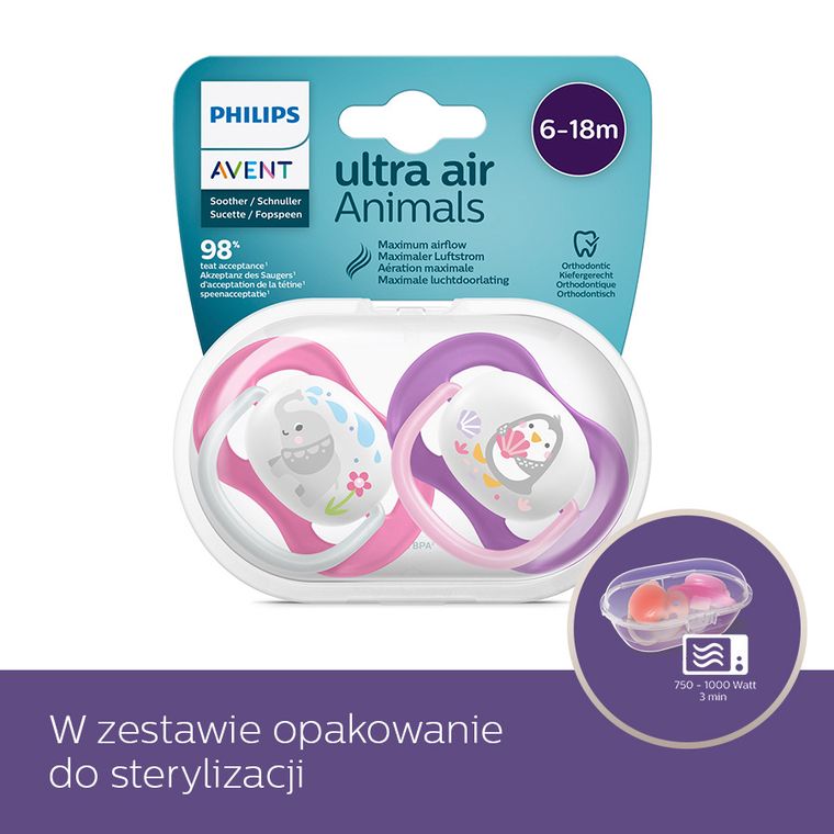 Philips Avent, Ultra Air, girl, smoczek uspokajający, 6-18m, 2 szt.