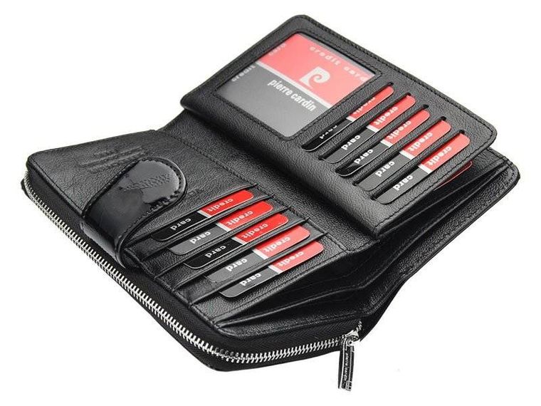 Pionowy, lakierowany portfel damski z opaską na zatrzask, Pierre Cardin