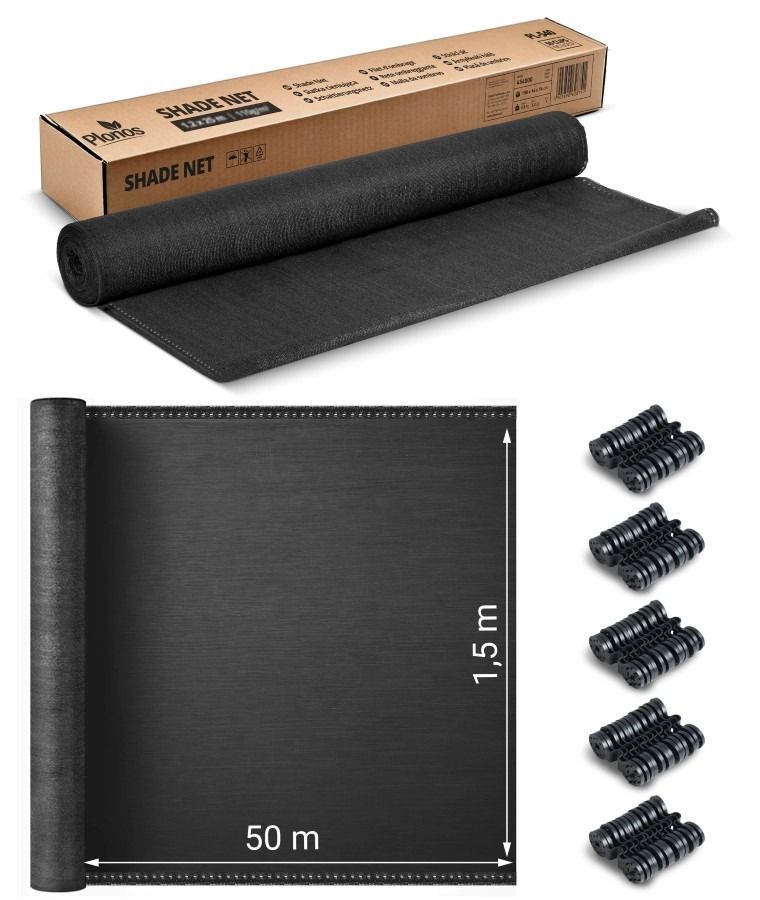 Plonos, siatka cieniująca, 1,5-50m 110g/m2 + 50 zacisków, szara