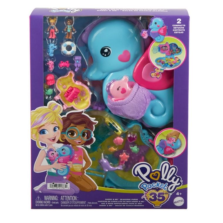 Polly Pocket, kompaktowa torebka Koniki morskie, zestaw z laleczkami i akcesoriami
