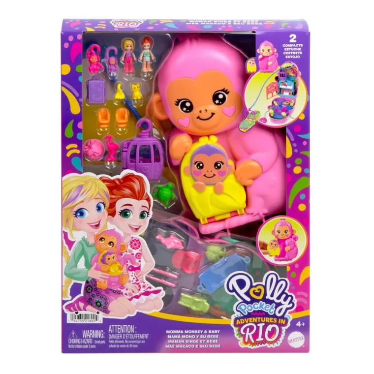 Polly Pocket, kompaktowa torebka Małpki, zestaw z laleczkami i akcesoriami