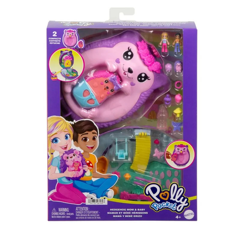 Polly Pocket, Kompaktowa torebka Rodzina Jeżyków, zestaw z figurkami i akcesoriami