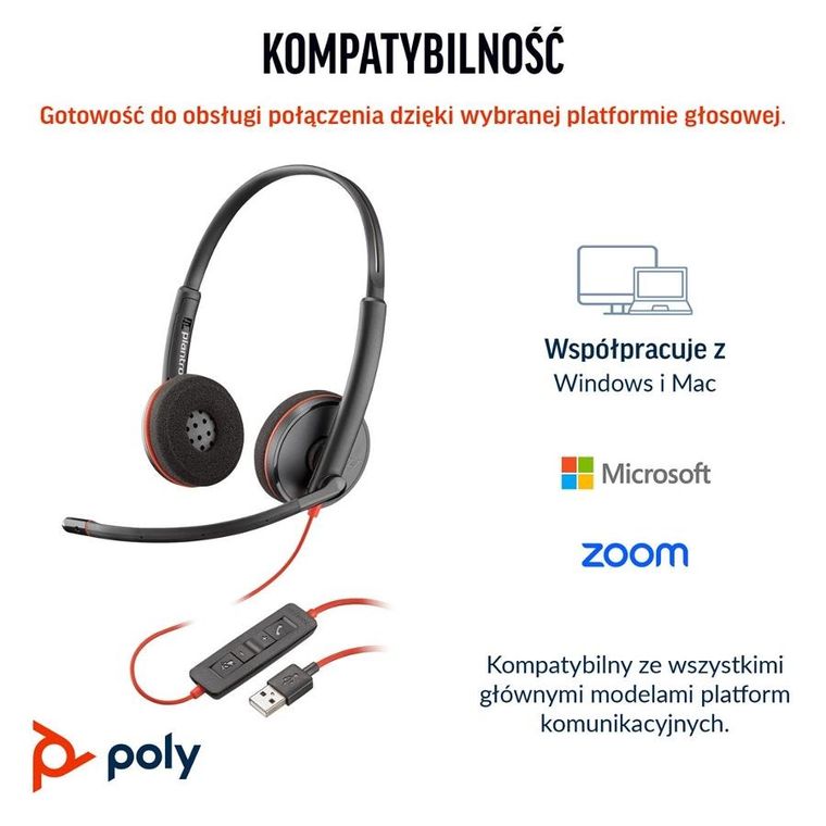 Poly, Blackwire 3220, słuchawki stereo, USB-C