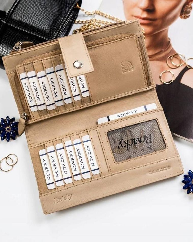 Portfel, beżowy, skórzany, RFID, Rovicky
