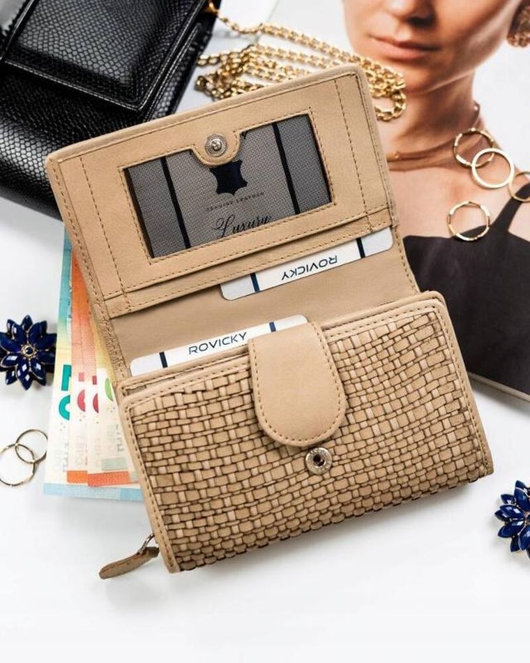 Portfel, beżowy, skórzany, RFID, Rovicky