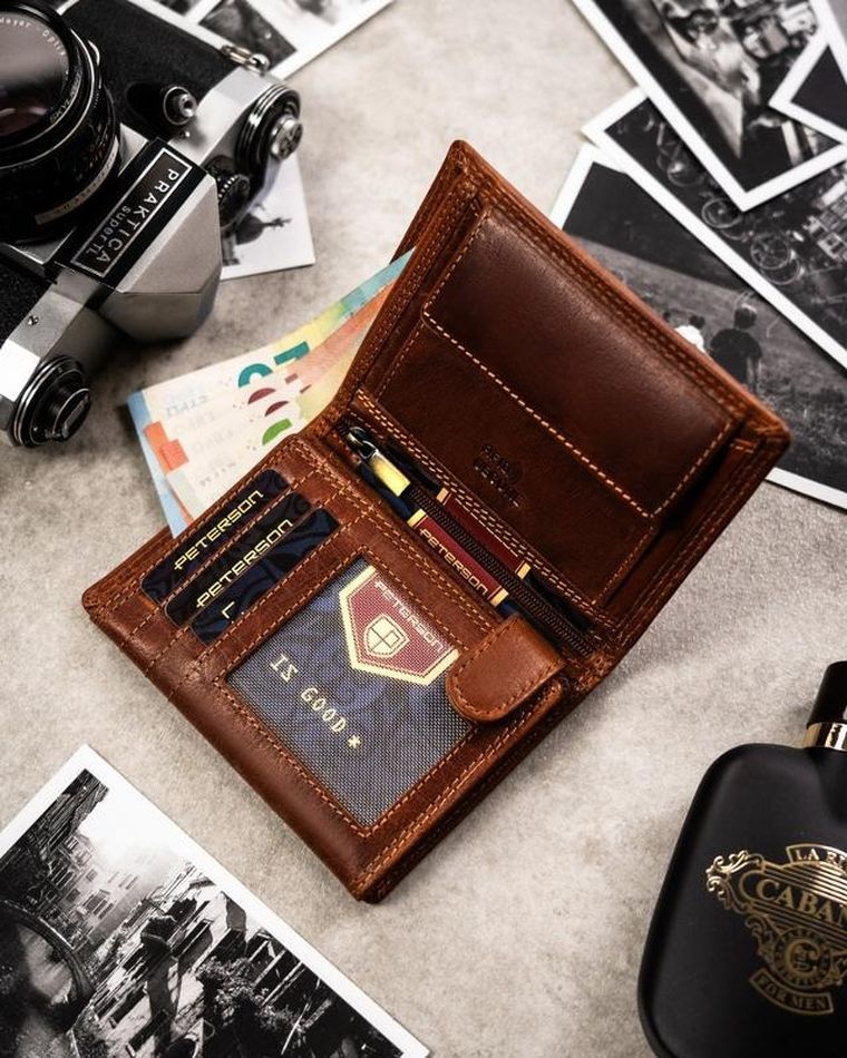 Portfel, brązowy, skórzany, bliźnięta, Peterson