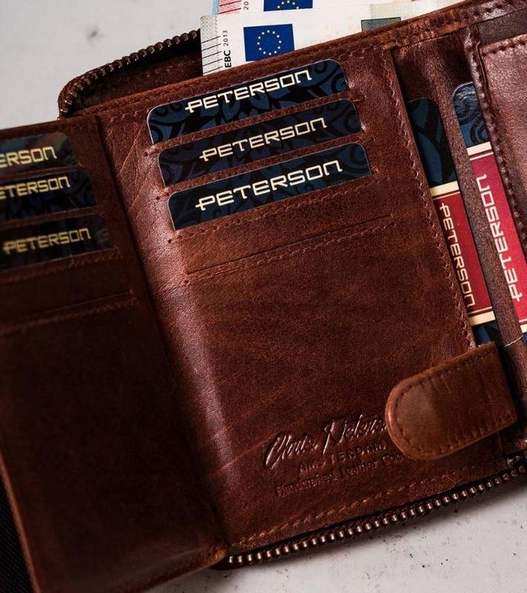 Portfel, brązowy, skórzany, Peterson