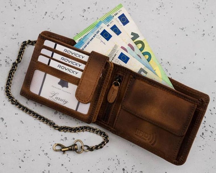 Portfel, brązowy, skórzany, RFID