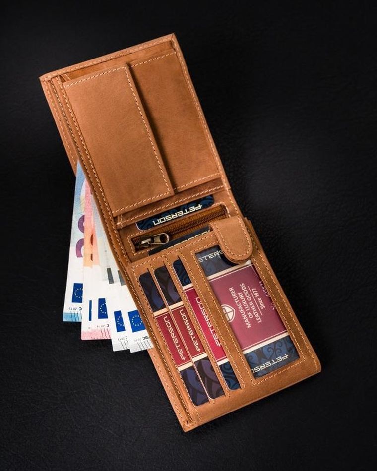 Portfel, brązowy, skórzany, RFID, Peterson