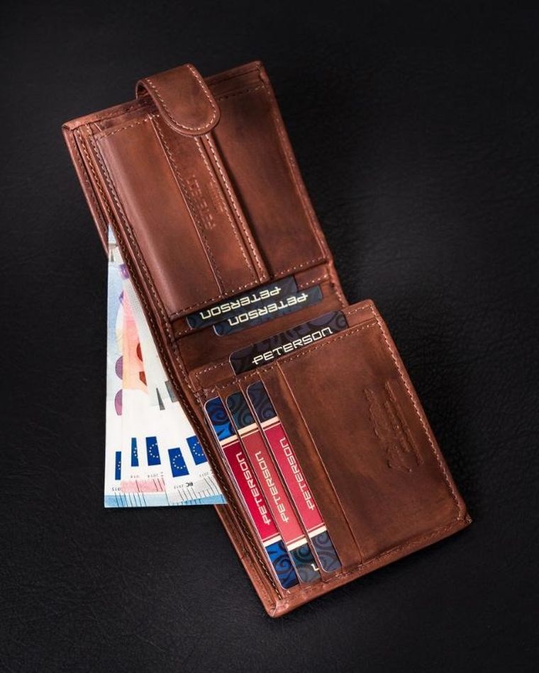 Portfel, brązowy, skórzany, RFID, Peterson