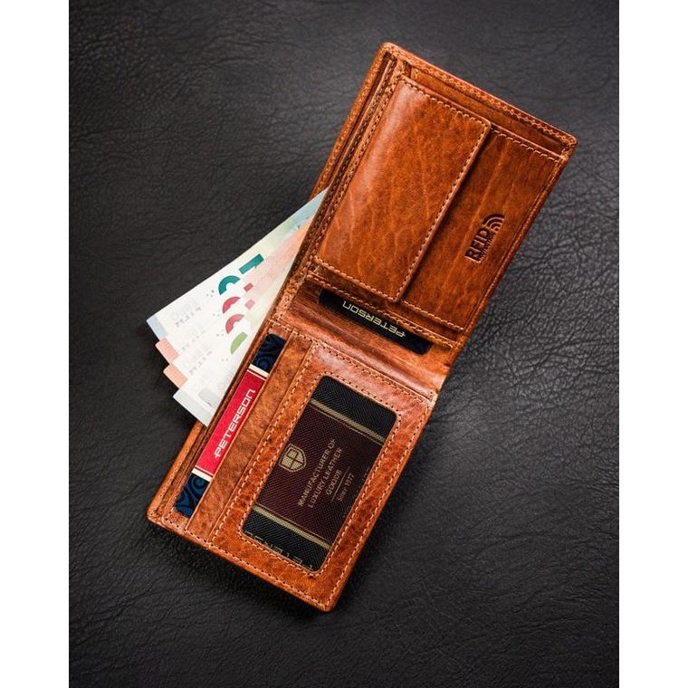 Portfel, brązowy, skórzany, RFID, Peterson