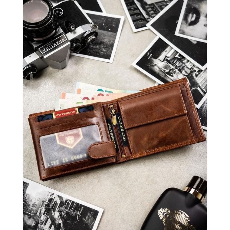 Portfel, brązowy, skórzany, RFID, Peterson