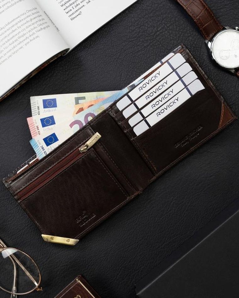 Portfel, brązowy, skórzany, RFID, Rovicky
