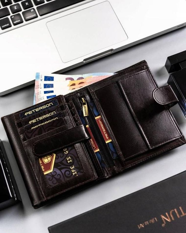 Portfel, ciemnobrązowy, skórzany, Peterson