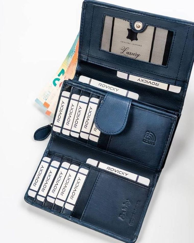 Portfel, ciemnoniebieski, skórzany, RFID, Rovicky