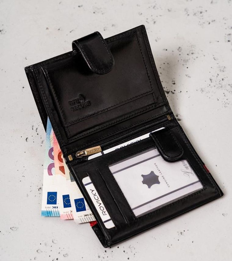 Portfel, czarno-czerwony, skórzany, RFID, Rovicky