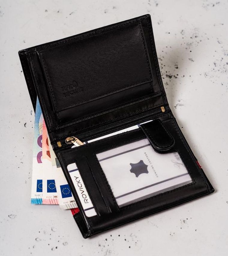 Portfel, czarno-czerwony, skórzany, RFID, Rovicky