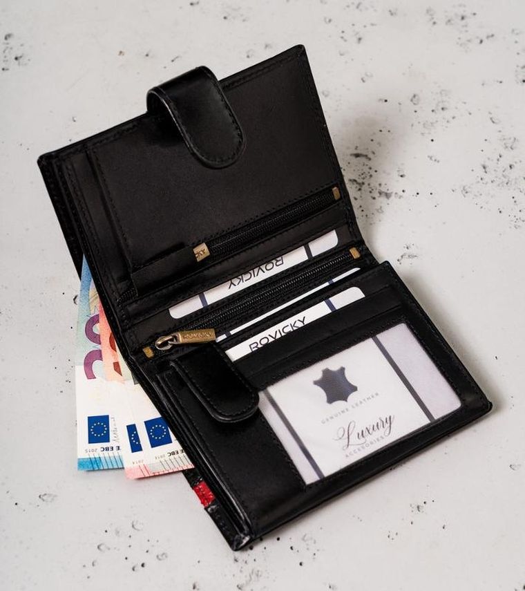 Portfel, czarno-czerwony, skórzany, RFID, Rovicky