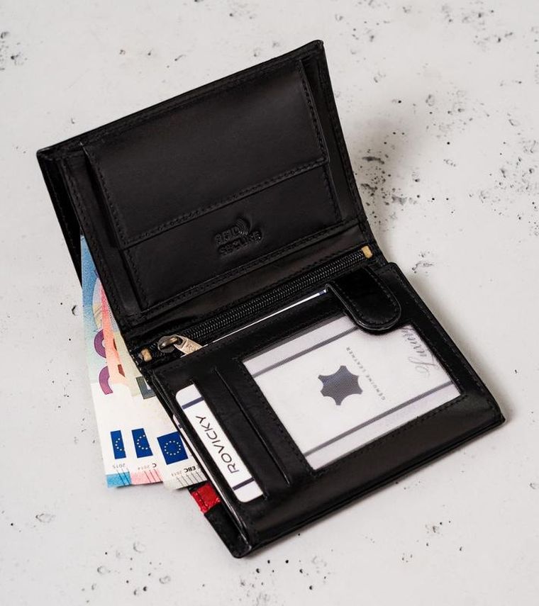 Portfel, czarno-czerwony, skórzany, RFID, Rovicky