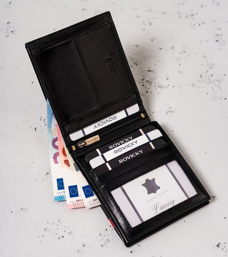 Portfel, czarno-czerwony, skórzany, RFID, Rovicky
