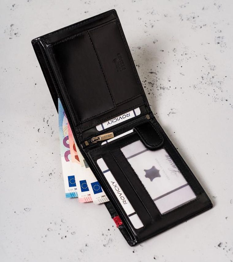 Portfel, czarno-czerwony, skórzany, RFID, Rovicky