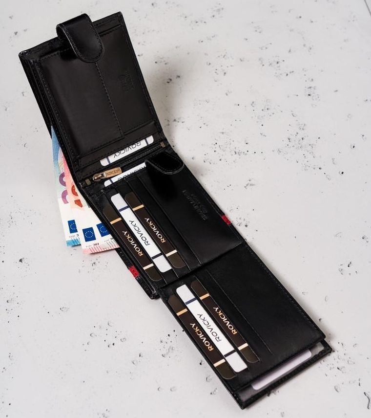 Portfel, czarno-czerwony, skórzany, RFID, Rovicky