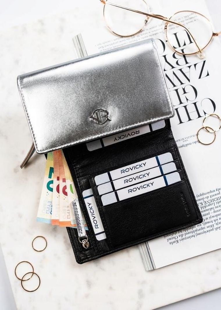 Portfel, czarno-srebrny, skórzany, Rovicky