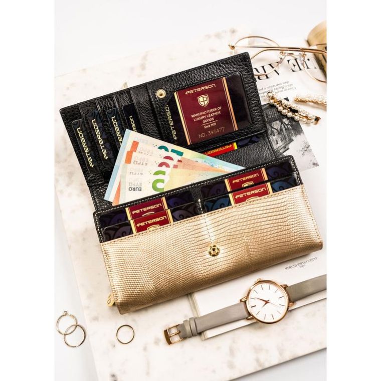 Portfel, czarno-złoty, skórzany, RFID, Petereson