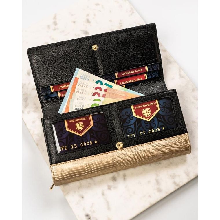 Portfel, czarno-złoty, skórzany, RFID, Peterson