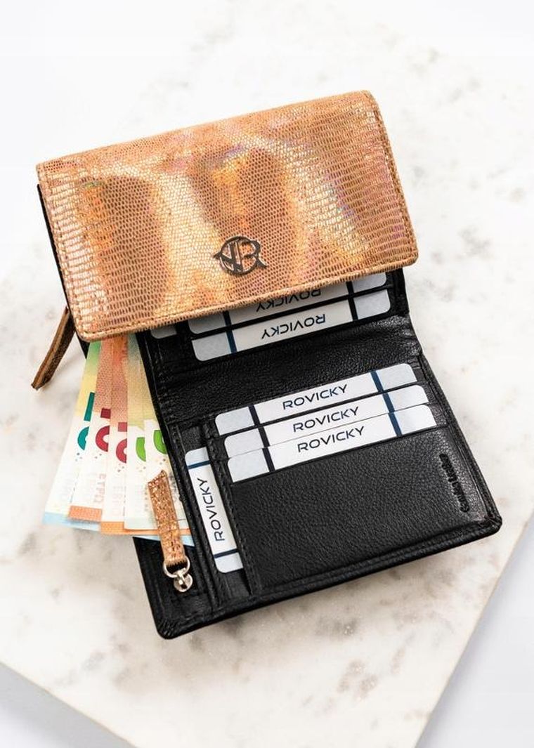Portfel, czarno-złoty, skórzany, Rovicky
