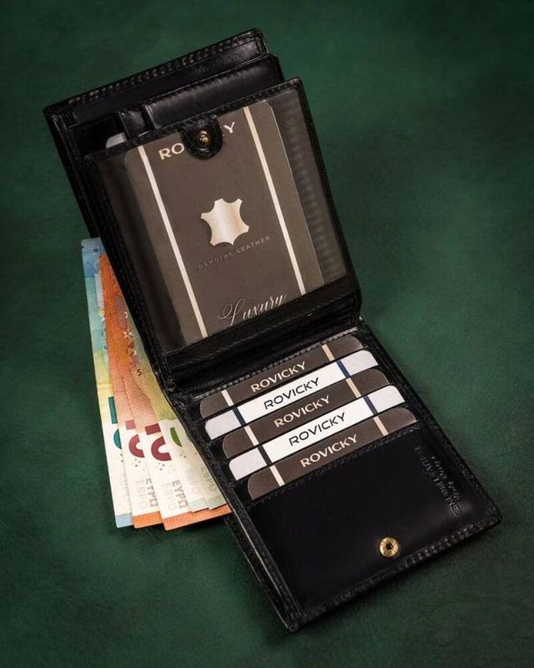 Portfel, czarny, skórzany, RFID, Rovicky