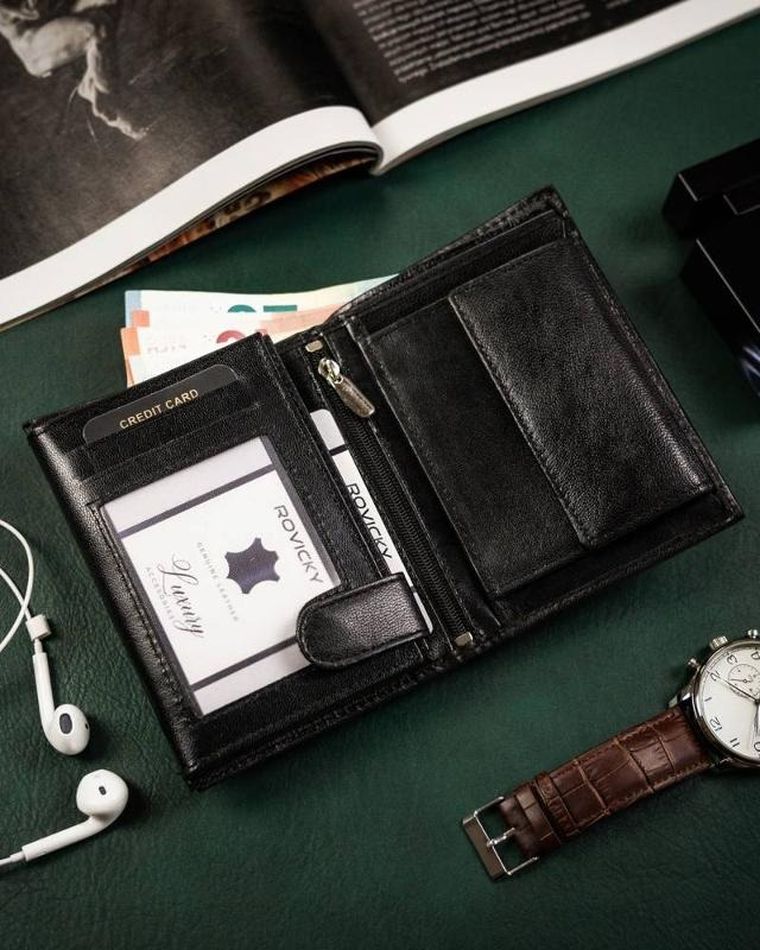 Portfel, czarny, skórzany, RFID, Rovicky